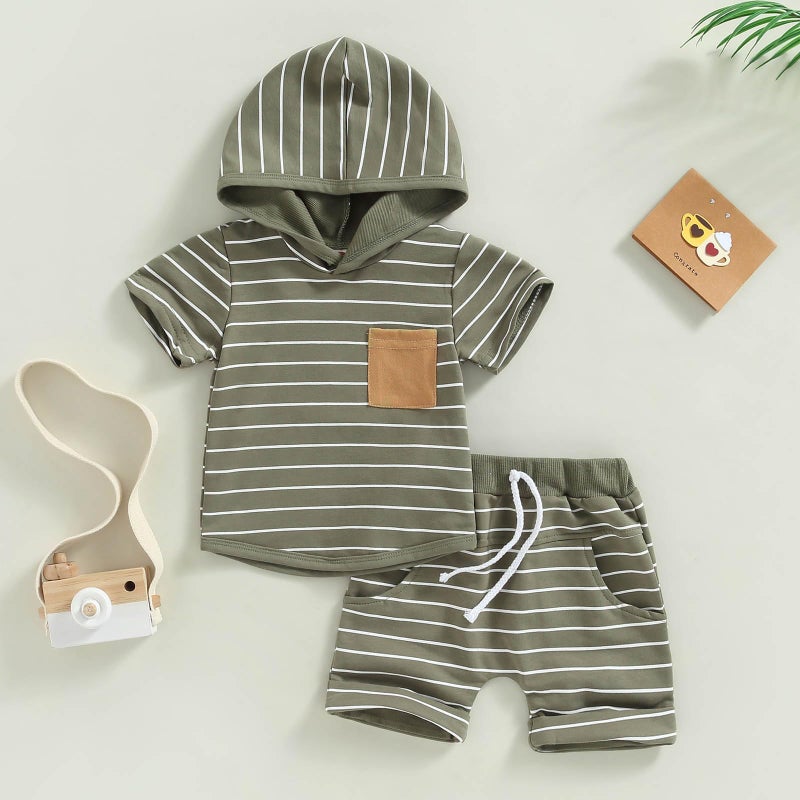 FOCUSNORM Toddler Baby Boy Summer Clothes Stripe Short Sleeve Hooded T-Shirt Elastic Waist Shorts Newborn Infant Boy Outfits (Stripe Army Green, 18-24 Months) - Image 4