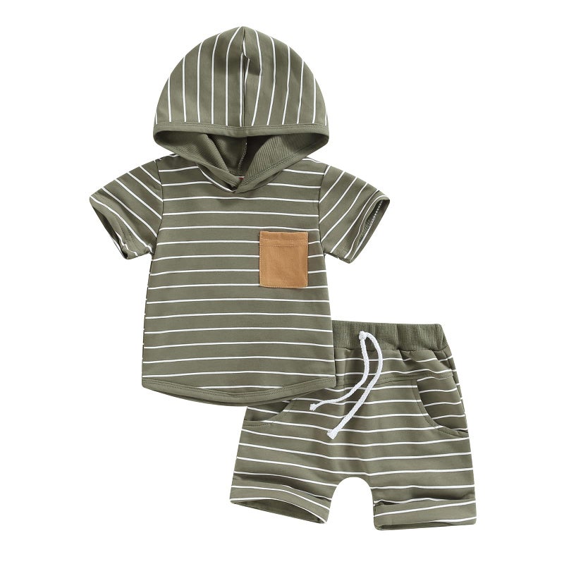 FOCUSNORM Toddler Baby Boy Summer Clothes Stripe Short Sleeve Hooded T-Shirt Elastic Waist Shorts Newborn Infant Boy Outfits (Stripe Army Green, 18-24 Months) - Image 1