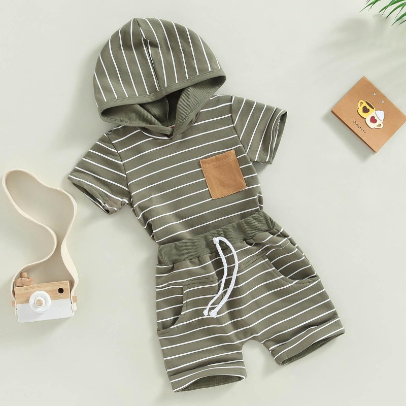 FOCUSNORM Toddler Baby Boy Summer Clothes Stripe Short Sleeve Hooded T-Shirt Elastic Waist Shorts Newborn Infant Boy Outfits (Stripe Army Green, 18-24 Months) - Image 5
