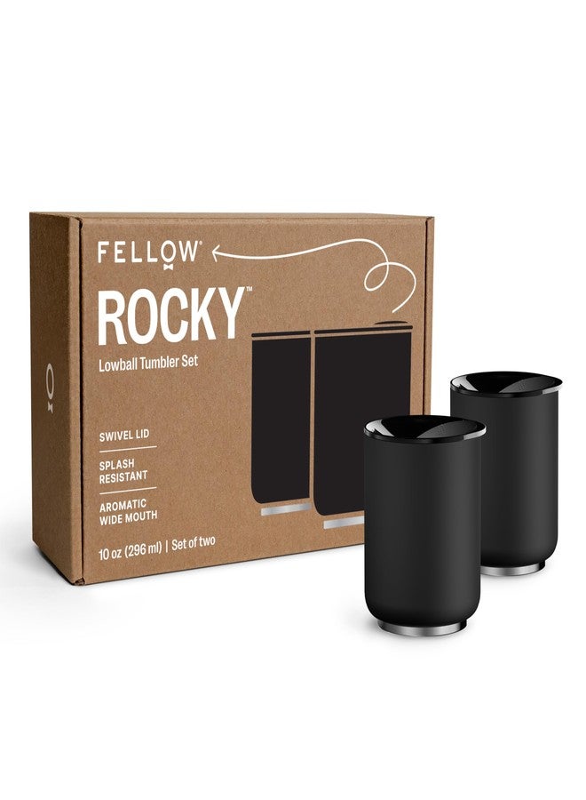 Fellow Rocky Lowball Tumbler Set of 2 - Insulated Stainless Steel Cocktail Tumblers with Ceramic Interior and Swivel Pebble Lid - 10 oz, Matte Black - Image 1