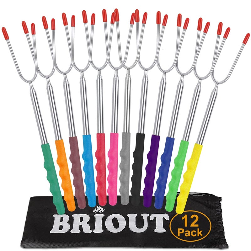 Briout Marshmallow Roasting Sticks 12 Colors Extra Long 45 Stainless Telescoping Hot Dog Smores Skewers Kids Safe Barbecue Forks for Campfire Bonfire and Grill12 Count