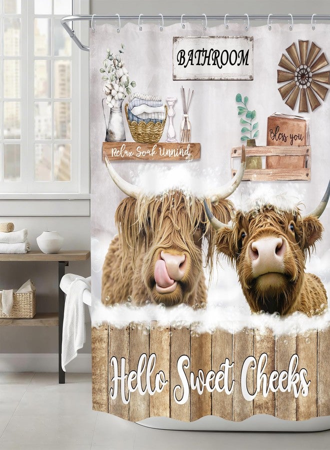 اميريل ستارة حمام Imirell Funny Highland Cow مقاس 60 بوصة عرض × 72 بوصة ارتفاع، بتصميم ريفي مستوحى من ثور وحيوانات المزرعة، مصنوعة من قماش بوليستر مقاوم للماء، مع 12 خطافًا بلاستيكيًا. - Image 1