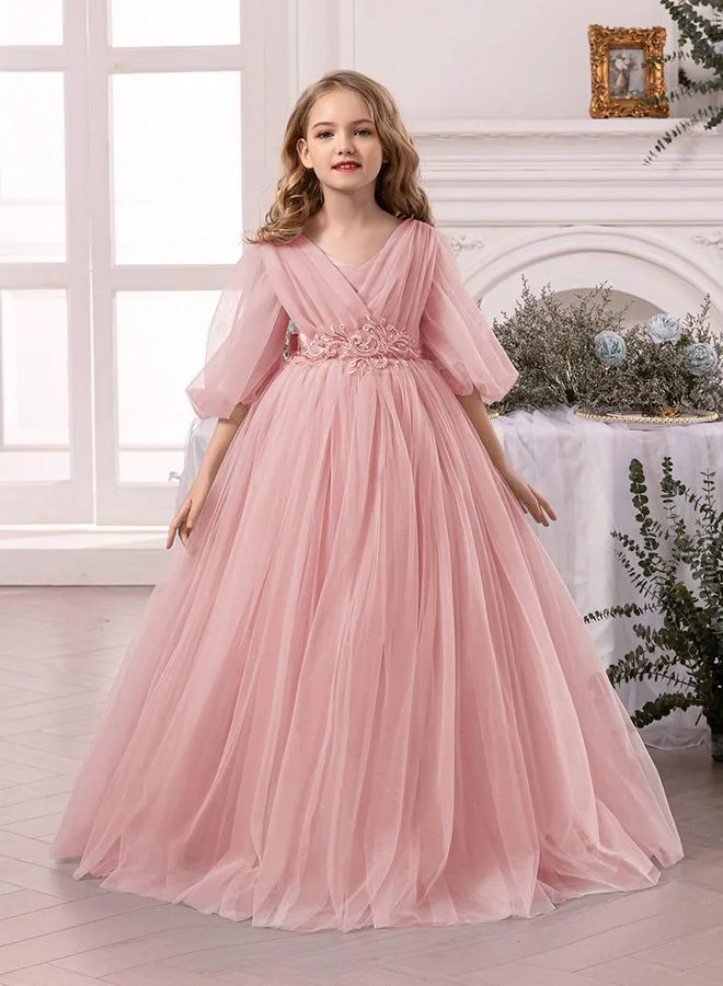 Take Two Pink Mesh Lace Detail Balloon Sleeve Dress