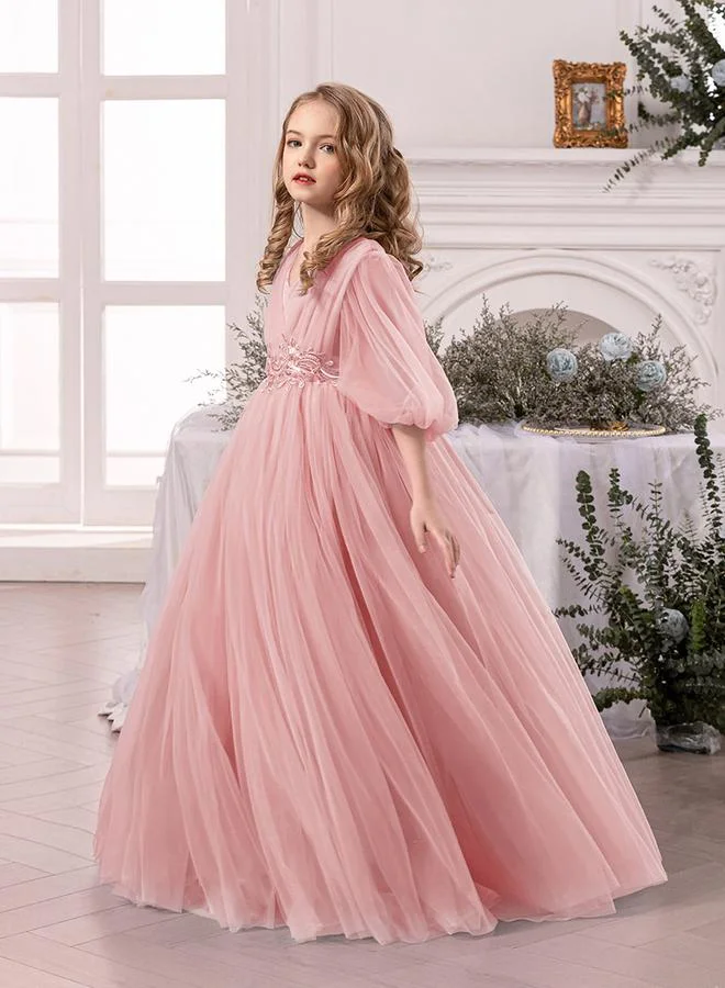 Take Two Pink Mesh Lace Detail Balloon Sleeve Dress