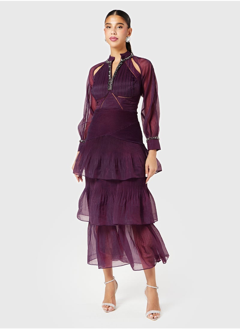 Threadz by Ajooni Embellished Neck Cutout Tier Dress  - Image 1