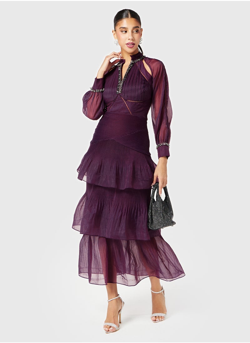 Threadz by Ajooni Embellished Neck Cutout Tier Dress  - Image 4