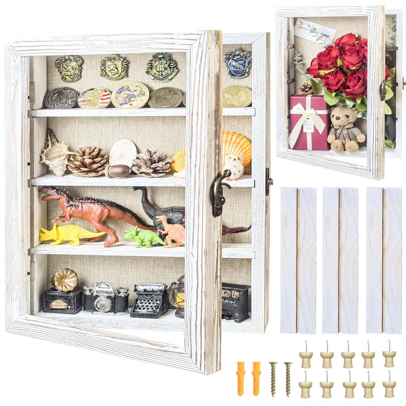 Houstimi 11x16 Shadow Box Frame with Shelves Large Rustic Deep Memory Display Case with Linen Back for Flowers, Pictures, Medals, Coins, Pins Collection and More, Including 3 Removable Shelves(White) - Image 1