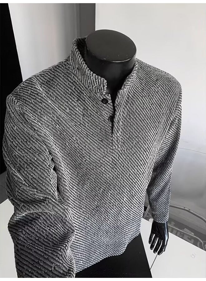 أمريكي رجعي ربيع/خريف جديد طويل الأكمام تي شيرت رجال حاسة تصميم ياقة واقفة بولو زوجين طبقة داخلية قميص أساسي رجال عصري - Image 4