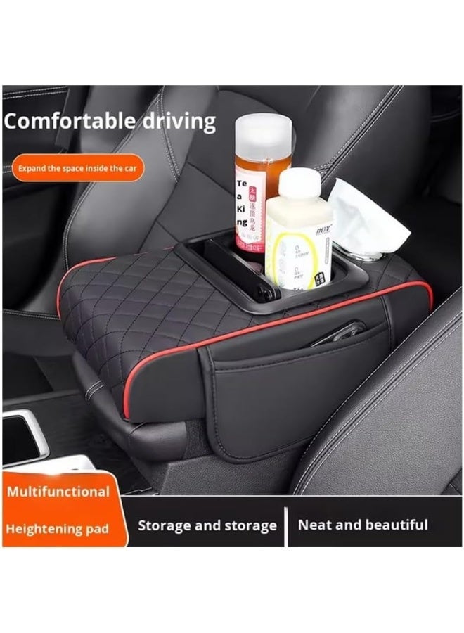 Multifunctional Car Center Console Cover with Comfort Cushion, Cup Holder, Tissue Box, and Side Pockets for Enhanced Armrest Support - Black - Image 4
