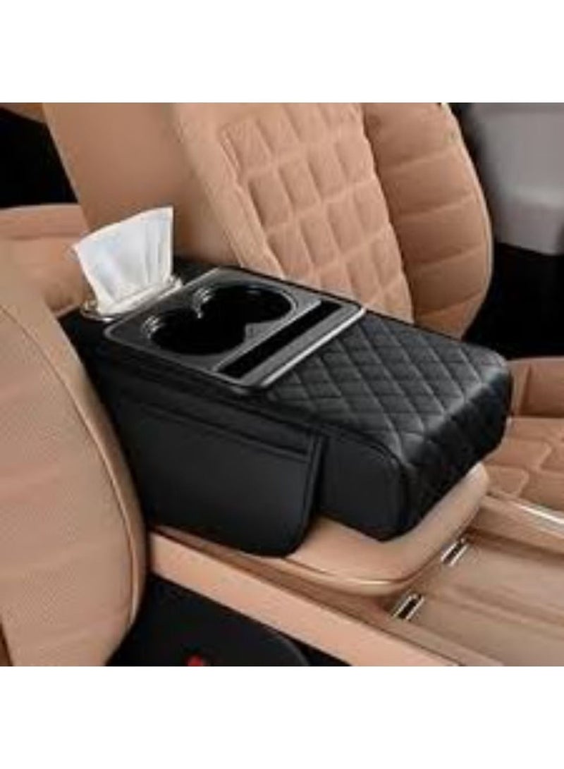 Multifunctional Car Center Console Cover with Comfort Cushion, Cup Holder, Tissue Box, and Side Pockets for Enhanced Armrest Support - Black - Image 1