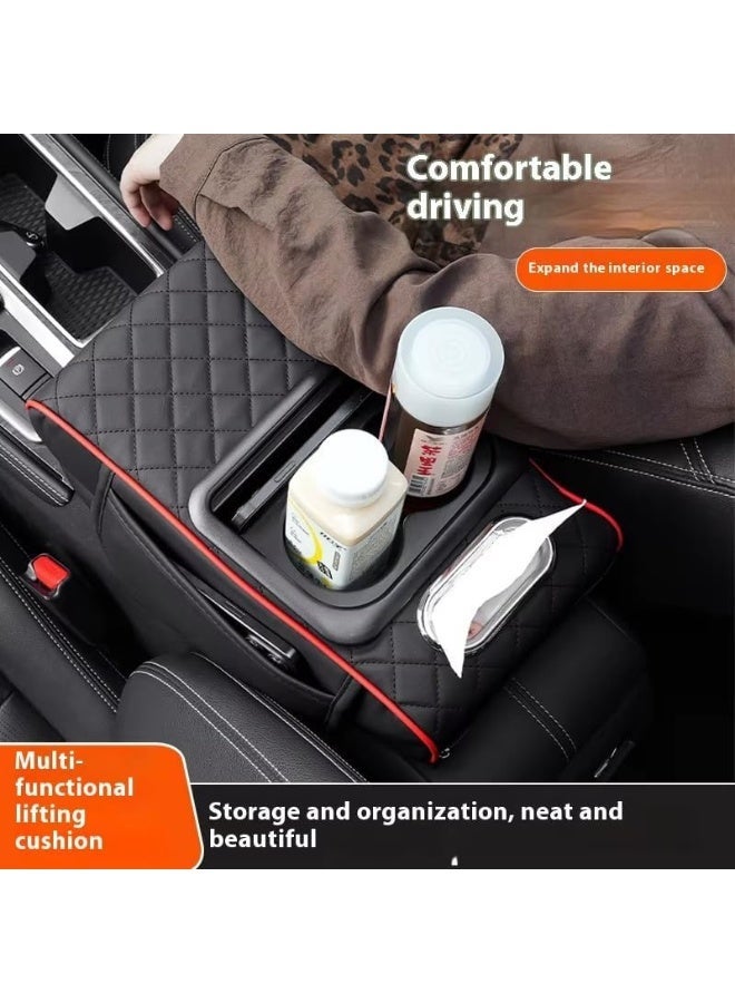 Multifunctional Car Center Console Cover with Comfort Cushion, Cup Holder, Tissue Box, and Side Pockets for Enhanced Armrest Support - Black - Image 3