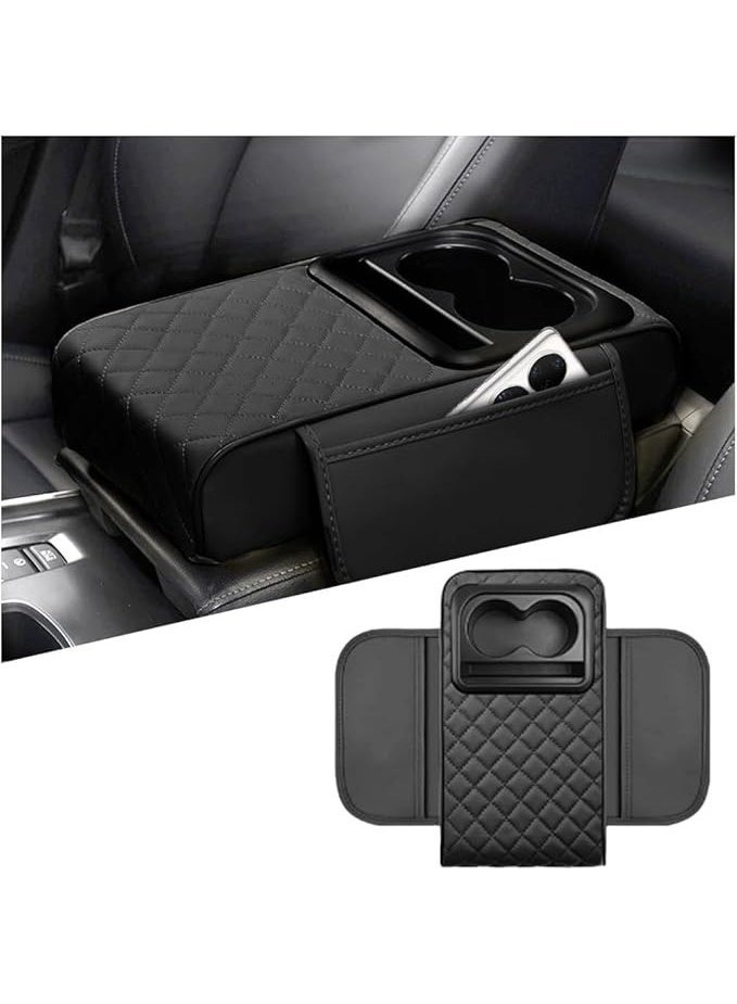 Multifunctional Car Center Console Cover with Comfort Cushion, Cup Holder, Tissue Box, and Side Pockets for Enhanced Armrest Support - Black - Image 2