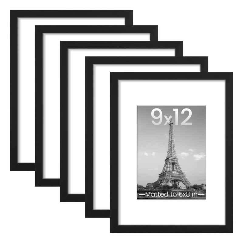 upsimples 9x12 Picture Frame Set of 5 Display Pictures 6x8 with Mat or 9 x 12 Without Wall Gallery Photo Frames Black