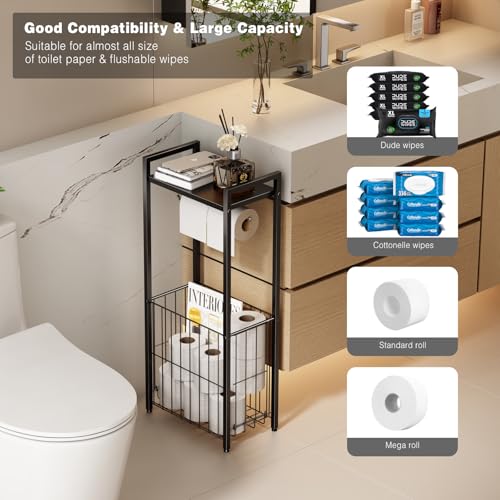 VOLDRA Toilet Paper Holder Stand with Storage Shelf, Free Standing Toilet Paper Roll Holder with Large Basket Heavy Duty Floor Double Tissue Dispenser for Bathroom Freestanding Tp Holder (Matte Black) - Image 5