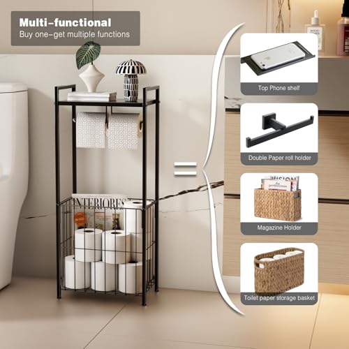VOLDRA Toilet Paper Holder Stand with Storage Shelf, Free Standing Toilet Paper Roll Holder with Large Basket Heavy Duty Floor Double Tissue Dispenser for Bathroom Freestanding Tp Holder (Matte Black) - Image 4