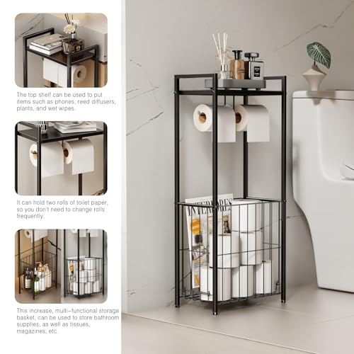 VOLDRA Toilet Paper Holder Stand with Storage Shelf, Free Standing Toilet Paper Roll Holder with Large Basket Heavy Duty Floor Double Tissue Dispenser for Bathroom Freestanding Tp Holder (Matte Black) - Image 3