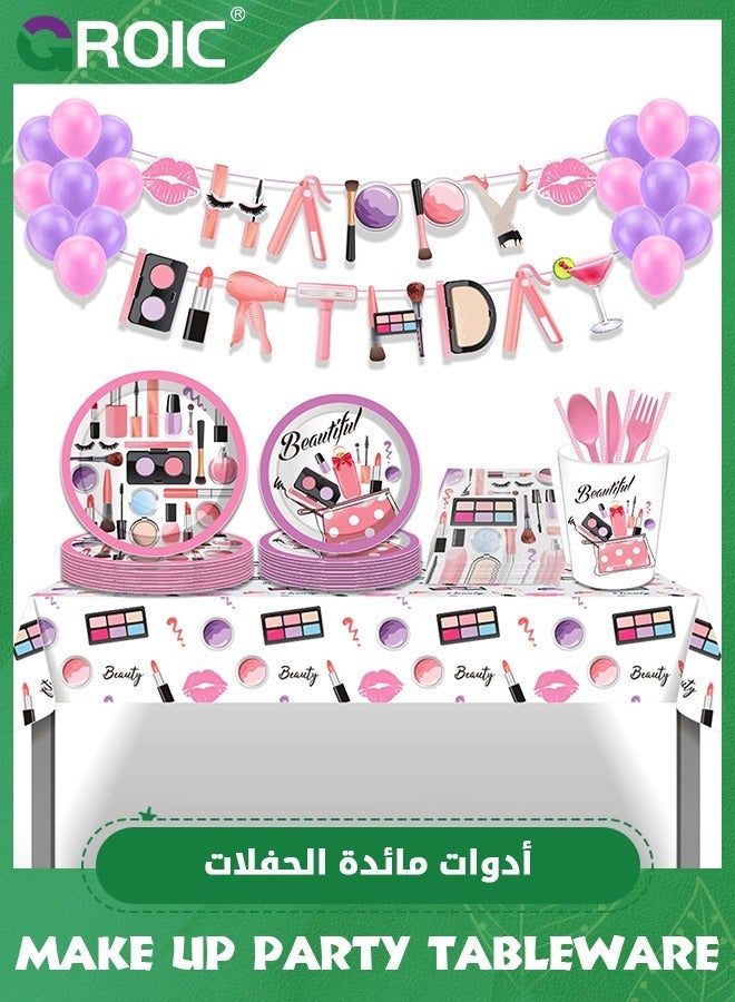 GROIC SPA Makeup Party Supplies, 85Pcs Spa Disposable Tableware with Plates Cups Straws Napkins Balloons for Birthday Girls Decorations - Image 1