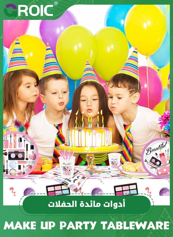 GROIC SPA Makeup Party Supplies, 85Pcs Spa Disposable Tableware with Plates Cups Straws Napkins Balloons for Birthday Girls Decorations - Image 5