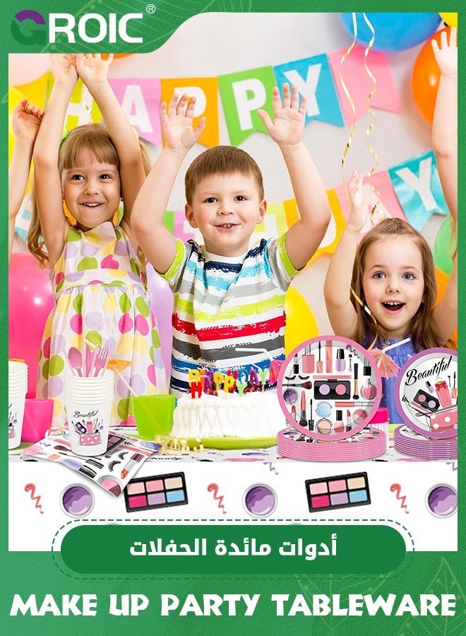 GROIC SPA Makeup Party Supplies, 85Pcs Spa Disposable Tableware with Plates Cups Straws Napkins Balloons for Birthday Girls Decorations - Image 4