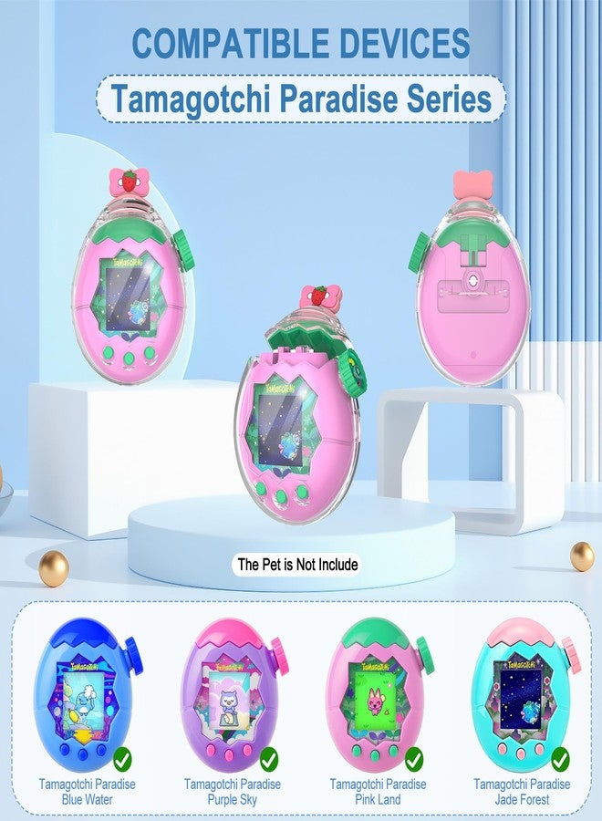 SGHLDE for Tamagotchi Paradise Clear Case, Transparent Hard FILP All-Around Protective Cover with Screen Protector for Tamagotchi Paradise Accessories with Neck Lanyard, Cute Strawberry Bow - Image 2