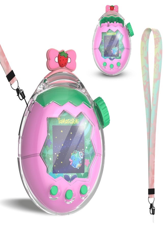SGHLDE for Tamagotchi Paradise Clear Case, Transparent Hard FILP All-Around Protective Cover with Screen Protector for Tamagotchi Paradise Accessories with Neck Lanyard, Cute Strawberry Bow - Image 1