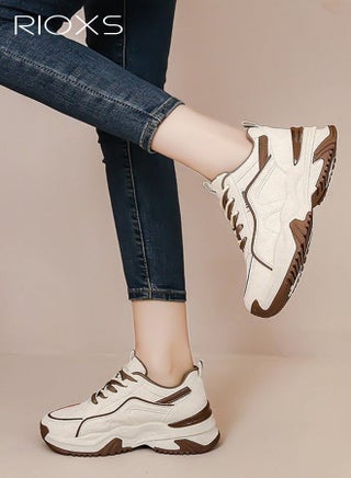 Women's Chunky Platform Sneakers, Lightweight Non-slip Athletic Chunky Sports Shoes, Fashion Thick-soled PU Leather Walking Shoes for Ladies, Casual Tennis Shoes Lace-Up Cushion Platform Sneakers, Suitable for Running, Workout, Jogging, Gym, Tennis and Beyond, Brown and Beige - view 5