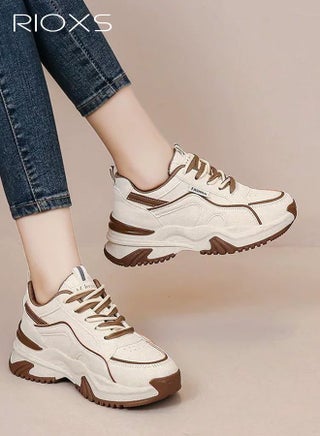 Women's Chunky Platform Sneakers, Lightweight Non-slip Athletic Chunky Sports Shoes, Fashion Thick-soled PU Leather Walking Shoes for Ladies, Casual Tennis Shoes Lace-Up Cushion Platform Sneakers, Suitable for Running, Workout, Jogging, Gym, Tennis and Beyond, Brown and Beige - view 3
