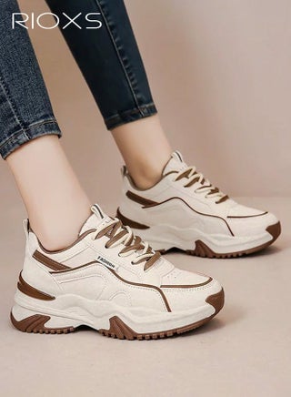 Women's Chunky Platform Sneakers, Lightweight Non-slip Athletic Chunky Sports Shoes, Fashion Thick-soled PU Leather Walking Shoes for Ladies, Casual Tennis Shoes Lace-Up Cushion Platform Sneakers, Suitable for Running, Workout, Jogging, Gym, Tennis and Beyond, Brown and Beige - view 2