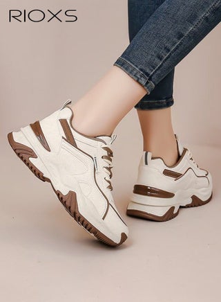 Women's Chunky Platform Sneakers, Lightweight Non-slip Athletic Chunky Sports Shoes, Fashion Thick-soled PU Leather Walking Shoes for Ladies, Casual Tennis Shoes Lace-Up Cushion Platform Sneakers, Suitable for Running, Workout, Jogging, Gym, Tennis and Beyond, Brown and Beige - view 4