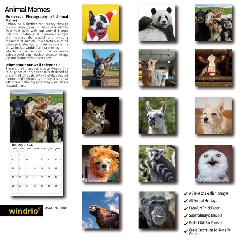 windrio 2026 Wall Calendar,Funny Calendar 2026, November 2025 - December 2026, Wall Calendar Funny Animal Memes, 12" x 24" Opened, Full Page 12 Months Thick Paper for Gift Calendar Organizing Planning - Image 2