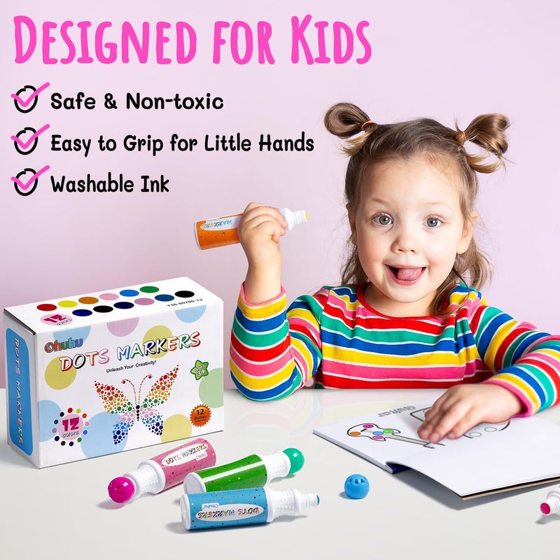 Ohuhu Washable Dot Markers For Toddler 12 Colors Bingo Daubers 40 Ml (1.41 Oz) With 30 Pages Kids Activity Book For Kids Children (3 Ages +) Preschool Non-Toxic Water-Based Dot Art Markers - Image 5