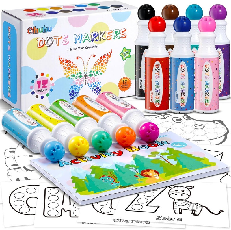 Ohuhu Washable Dot Markers For Toddler 12 Colors Bingo Daubers 40 Ml (1.41 Oz) With 30 Pages Kids Activity Book For Kids Children (3 Ages +) Preschool Non-Toxic Water-Based Dot Art Markers - Image 1