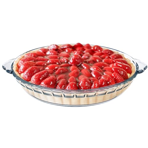 FEOOWV 1 Pack Round Glass Pie Pans for Baking Round Baking Dishes with Handles for Apple Pie Pumpkin Pie Salads Clear 10in - Image 1