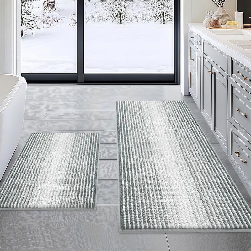 BSICPRO Bathroom Rugs and Mats Sets, 2 Piece Thick Absorbent Chenille Non Slip, Soft Shaggy Floor Mats, Machine Washable (Light Gray, 20" x 47" Plus 16" x 24") - Image 1