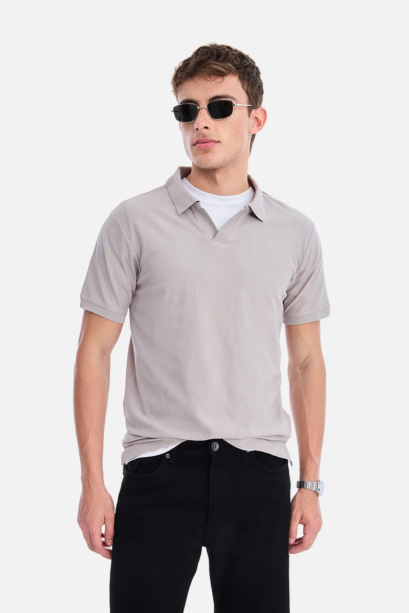 Light Grey Textured Half Sleeve Regular Fit Casual T-Shirt