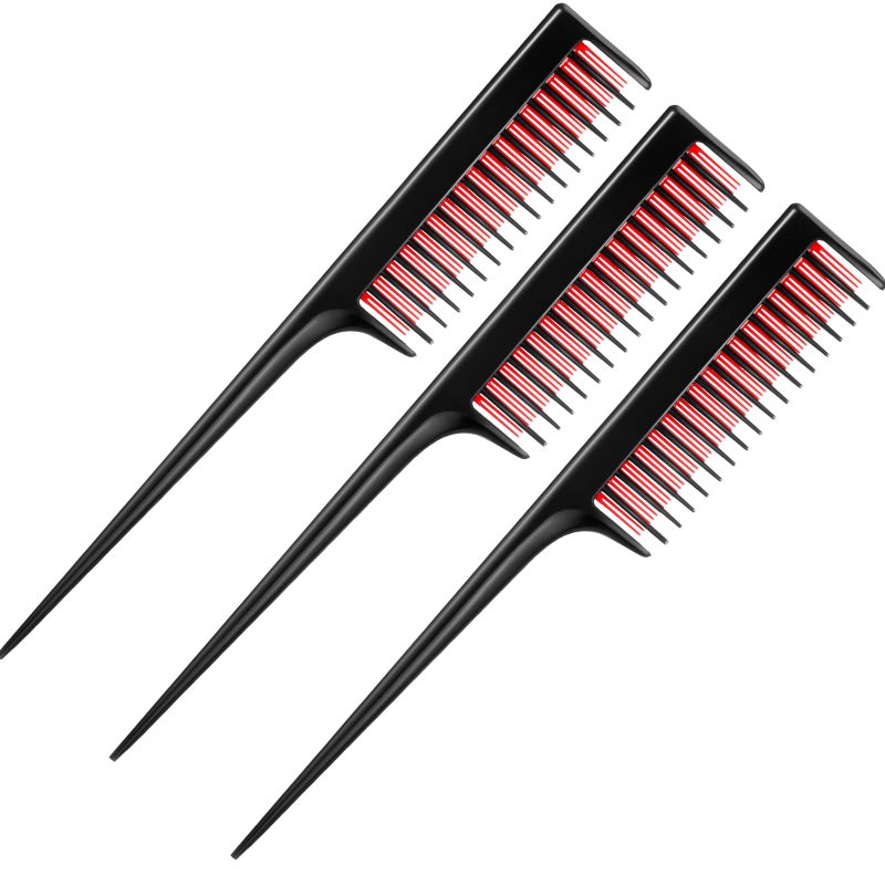 Leinuosen 3 Pcs Triple Teasing Comb for Women Plastic Rat Tail Comb Heat Resistant Pintail Tease Layer Tool for Thick Fine Hair Styling Backcombing Volume Structure(Black and Red) - Image 1