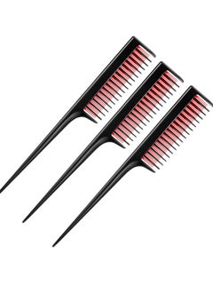 3 Piece Triple Teasing Comb, Rat Tail Combs for Women, Tool Structure Tease Layers Rattail Comb, Rat Tail Comb for Back Combing Root Teasing, Adding Volume, Evening Styling (Black and Red)