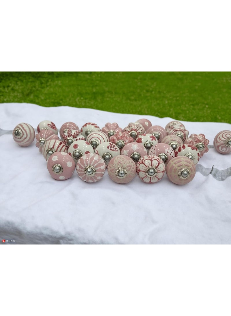FURNISHFUL FINESSE FURNISHFUL FINESSE Ceramic Assorted Golden Print Knobs for Door Drawer Cabinet Cupboard Dresser Kitchen Furniture Hardware Wardrobe Pull Handle for Home Decor Pack of 25 Pink  - Image 2
