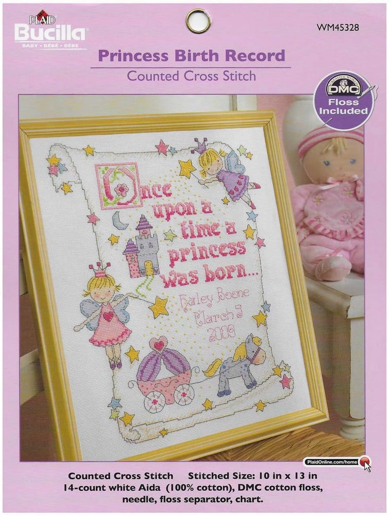 Bucilla Counted Cross Stitch Birth Record Kit, 10 by 13-Inch, 45328 Princess, Pink - Image 1