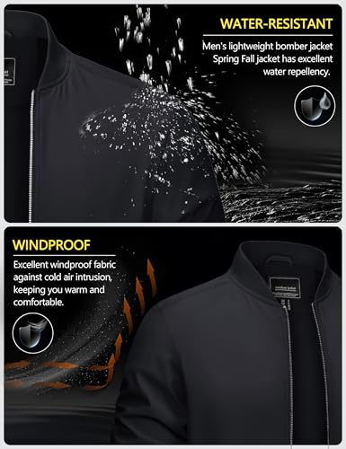 CRYSULLY Men's Bomber Jacket Lightweight Windbreaker Full Zip Up Waterproof Jackets Fall Winter Coats Black L - Image 5