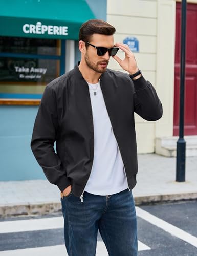 CRYSULLY Men's Bomber Jacket Lightweight Windbreaker Full Zip Up Waterproof Jackets Fall Winter Coats Black L - Image 3