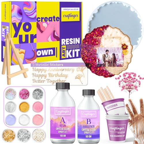 Craftinger Resin Art Photoframe Kit with 300gm Resin & Wooden Stand Acrelic Sticker of Happy Birthday and Happy Anniversary - Image 1