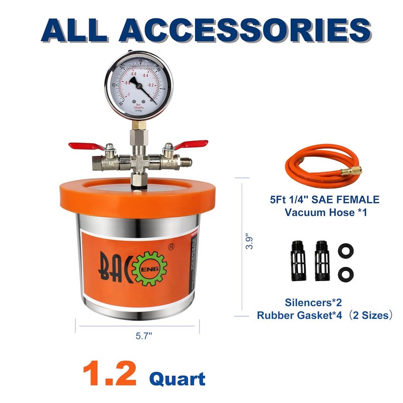 BACOENG Universal Vacuum Chamber Series: 1.2 Quart Stainless Steel Vacuum Chamber Kit, Vacuum Degassing Chamber for Resin, Silicone and Epoxies - Image 2