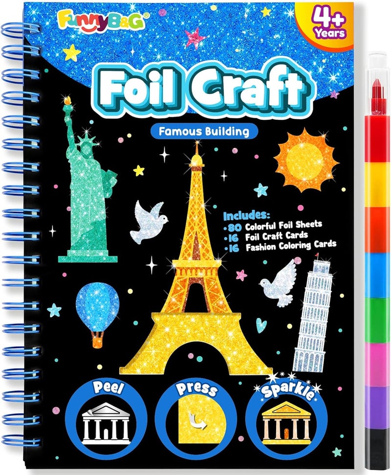 FUNNYB&G Foil Art Kit - Foil Crafts for Kids, Toys for Boys 4-10 Years Old, No Mess Travel Essentials, Kids Toys, Boys Gift, Birthday Gift, Coloring Books for Kids - Image 1