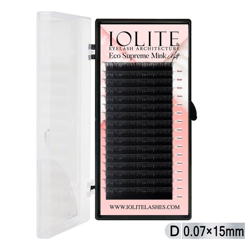Iolite Eco Supreme Mink Matt Lash Extension Tray D – Curl – 0.07T (6mm–15mm) – Matt Finish, Premium Eco-Friendly Eyelashes for Lash Artists ISMMD7T - 15MM