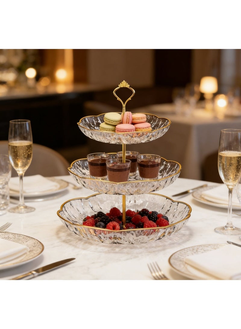 حامل حلوى مكون من 3 طبقات، حامل عرض حلوى شفاف لحفلات الزفاف والحفلات وحفلات استقبال المولود، دائري من 3 طبقات، شفاف، دعامة معدنية، حواف ذهبية - Image 1