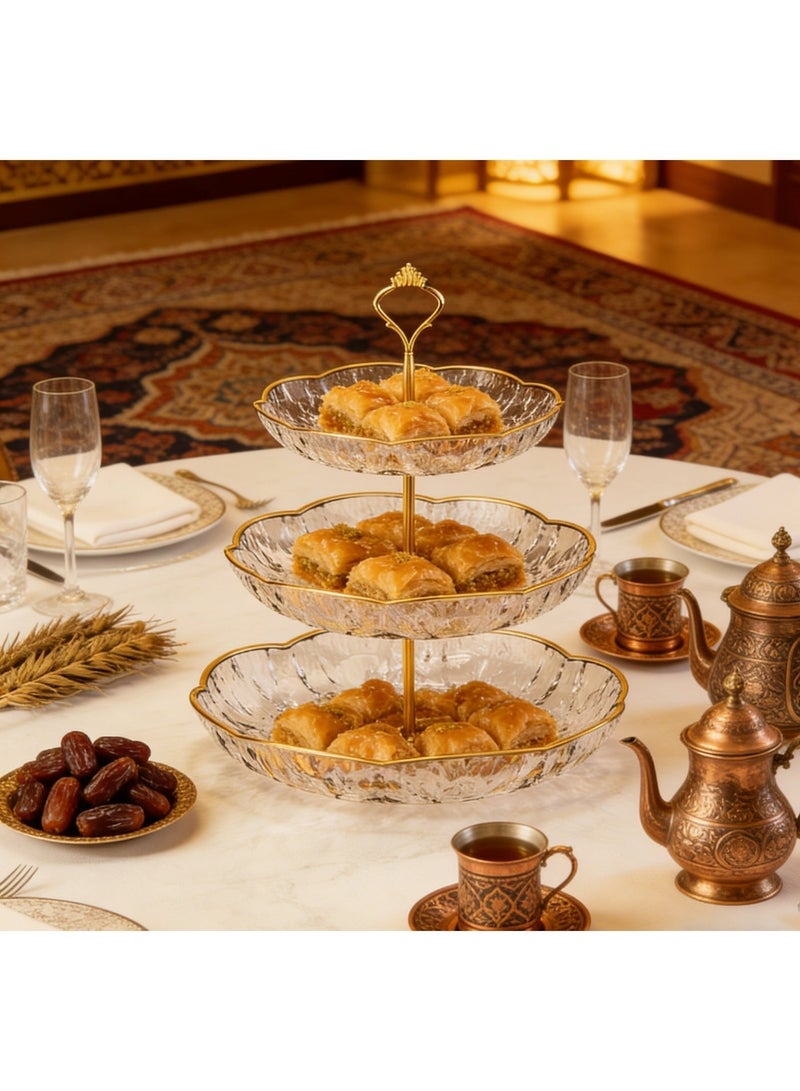 حامل حلوى مكون من 3 طبقات، حامل عرض حلوى شفاف لحفلات الزفاف والحفلات وحفلات استقبال المولود، دائري من 3 طبقات، شفاف، دعامة معدنية، حواف ذهبية - Image 2
