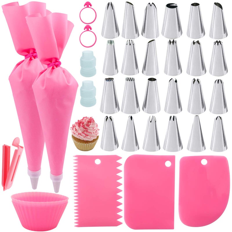 36Pcs Pink Piping Bags Tips Set24 Stainless Steel Nozzle Icing Tips With 2 Reusable Silicone Pastry BagIcing SmootherSilicone Baking Cups2Couplers Cake Decorating Tools Kit For Baking Decorating