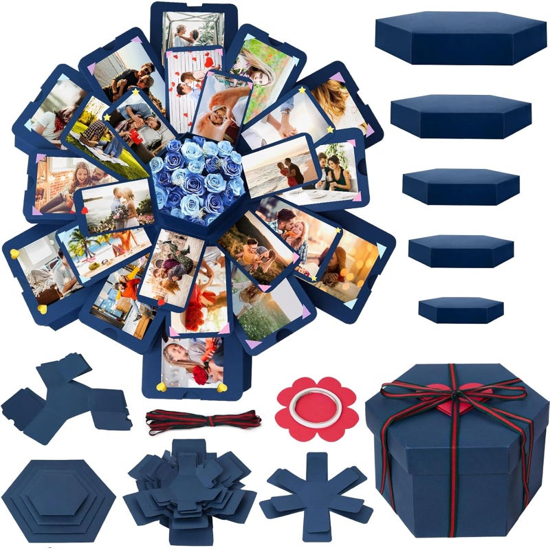 صندوق هدايا كوجل المتفجر باللون الأزرق ألبوم صور متفجر مفاجأة صندوق حب مع ملحقات تزيين DIY للاحتفال بالذكرى السنوية عيد الميلاد الزفاف