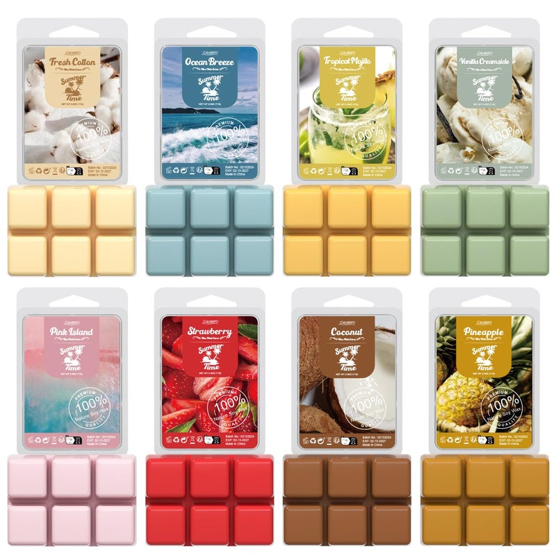 Salubrito Summer Scented Wax Melts, Strong Scented Soy Wax Cubes/Tarts Variety Gift Set, Fresh Cotton, Ocean Breeze, Mojito, Pink Island, Coconut, Pineapple, Vanilla Cream, Strawberry, 8x2.5oz - Image 1